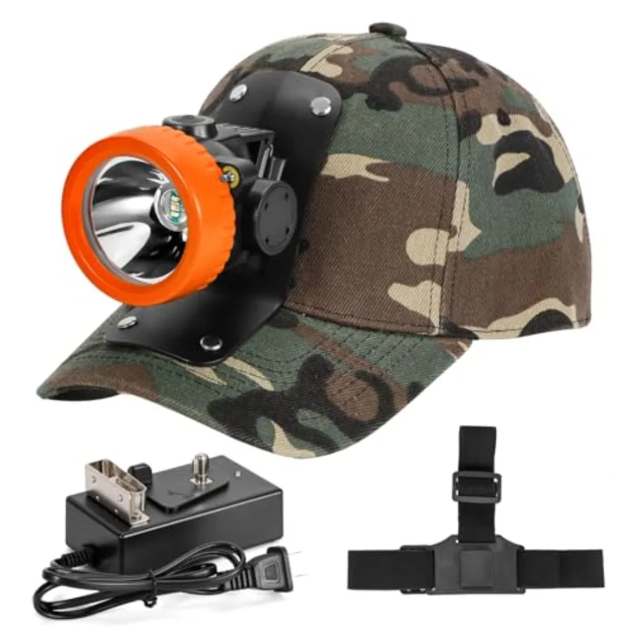 

Ultra-Bright LED Mining Headlamp, Rechargeable Waterproof Hard Hat Light Headlight, Camouflage Miner Cap Included, Durable Mini