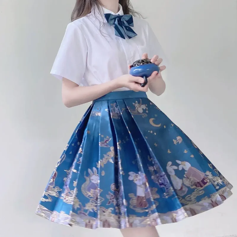 

Chinese traditional hanfu clothing vintage JK suit printing folk dance Skirt gold stamping improved hanfu Horse face short skirt