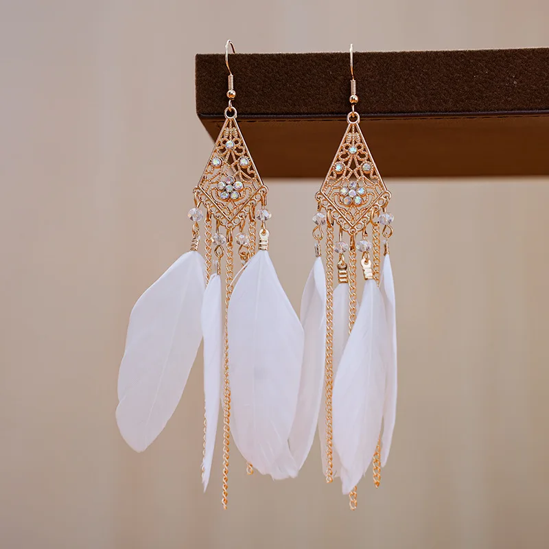 Bohemian Vintage Lange Weiße Feder Ohrringe für Frauen Ethnische Temperament Gold Farbe Kette Quaste Ohrringe Boho Hochzeit Schmuck – Detail 23