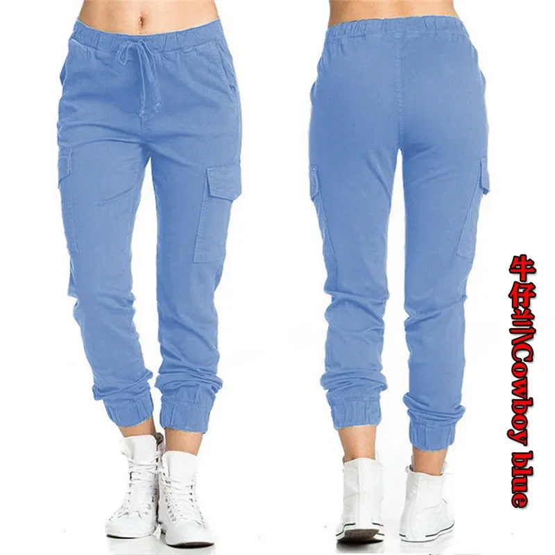 Calça cargo multibolso feminina, com cordão, elástico na cintura, esportiva, streetwear, casual, longa, corredor sólido, novo, 2022