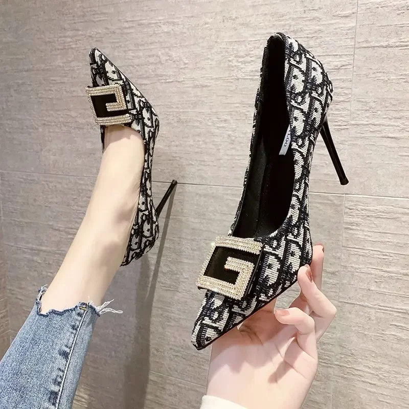 Women Pumps Pointed Toe Printing Slip-On Thin Heels Suede Party Wedding Office Lady Shoes Woman High-Heeled Shoes D131