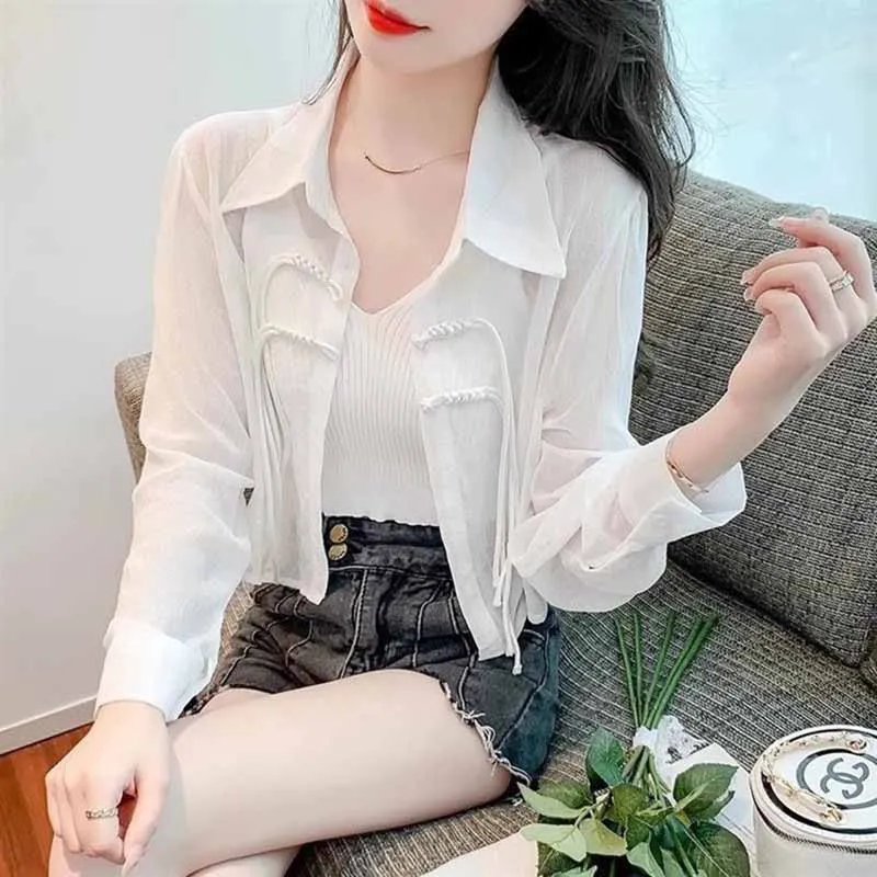 Women Summer New Fashion Thin Chinese Style Shirts Lightweight Hot Selling Long Sleeve Button-up Chiffon Blouse Outerwear