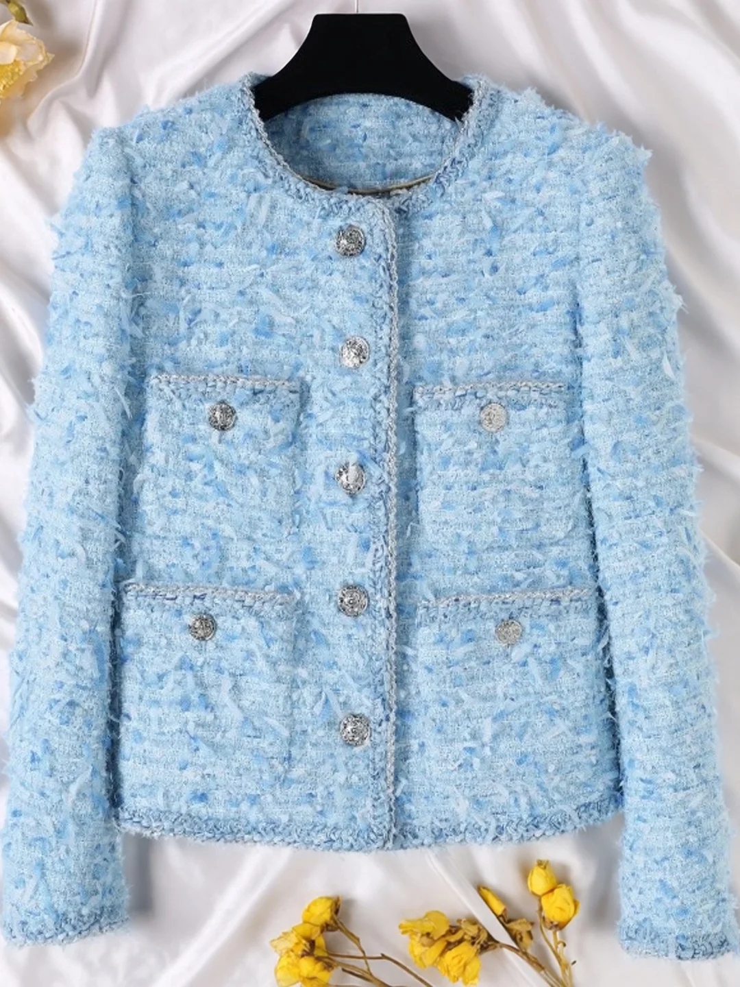 

Элегантный синий модный жакет из букле для женщин с бахромой, высококачественный, прямого кроя, в нежном стиле, из полиэфирного волокна, с длинными рукавами