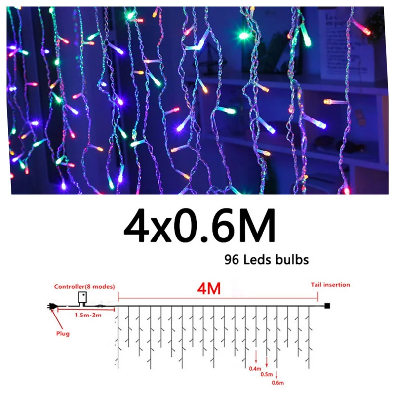 Lampki choinkowe wodospad dekoracja zewnętrzna 4M opadający 0.4-0.6m Led Lights kurtyna łańcuchy świetlne Party Ggarden okap dekoracji