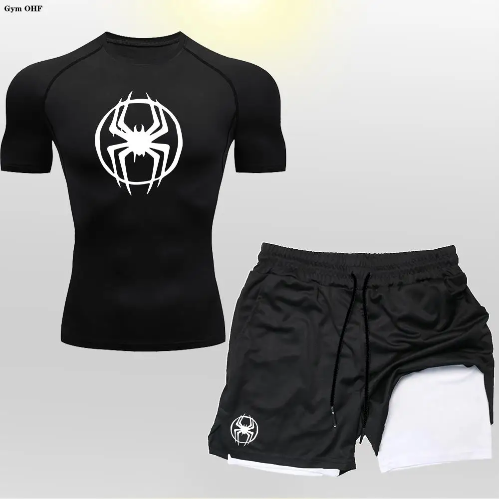 

2099 Men's 2-Piece Summer Short Sleeved T-Shirt 2 in 1 Shorts Sets Black Gym Sport Suits Breathable Quick Drying Men Sports