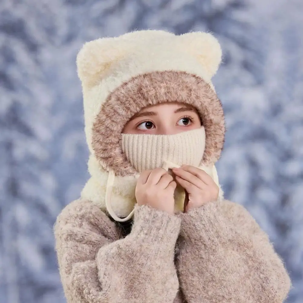Children Winter Hat Kids Knit Hat Children's Plush Bear Ear Winter Hat with Face Guard Windproof Neck Warmer Vertical for Cold