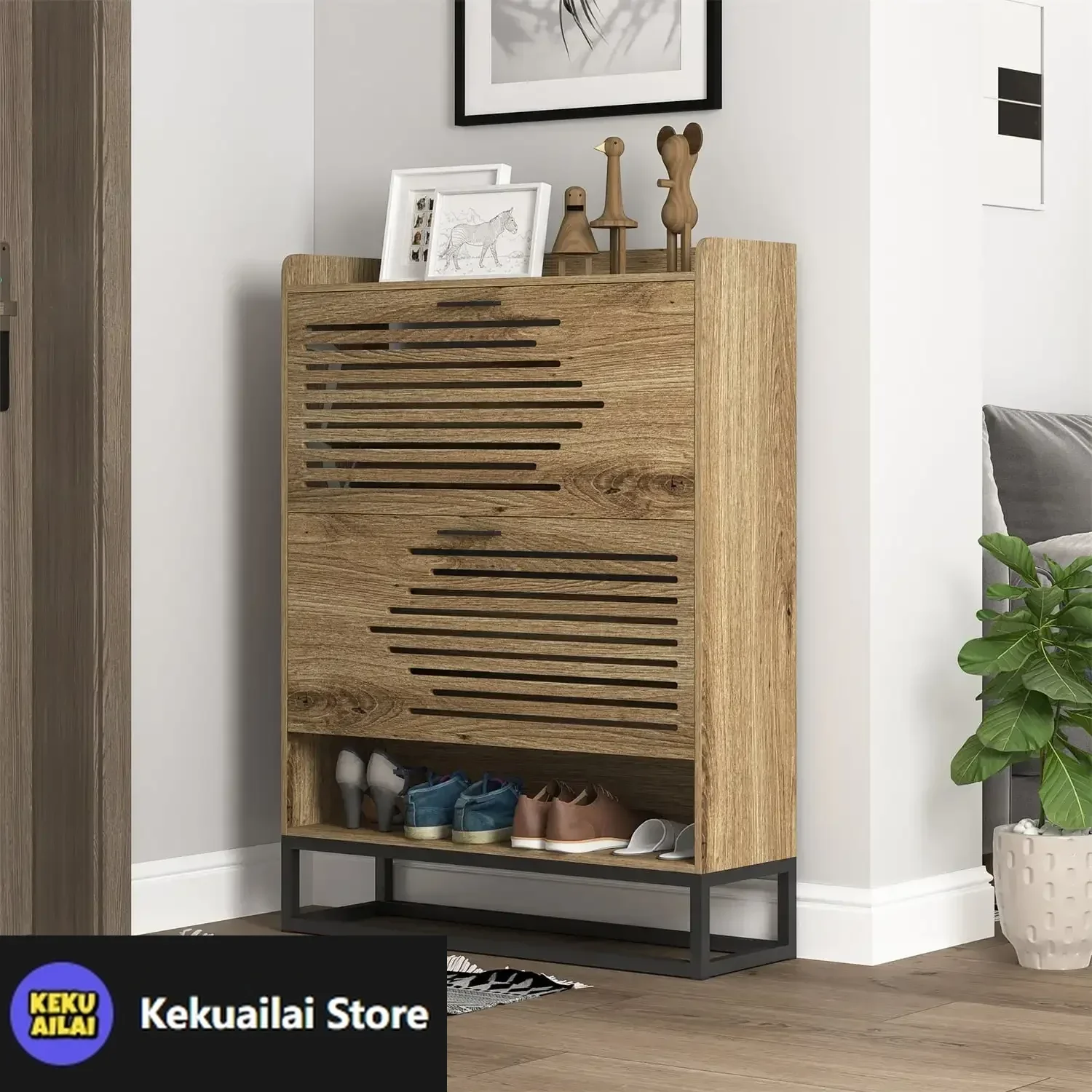 

Shoe Storage Cabinet, Freestanding Organizer with 2 Flip Drawers, Shoe Rack Multifunctional Cabinet for Entryway ,Brown
