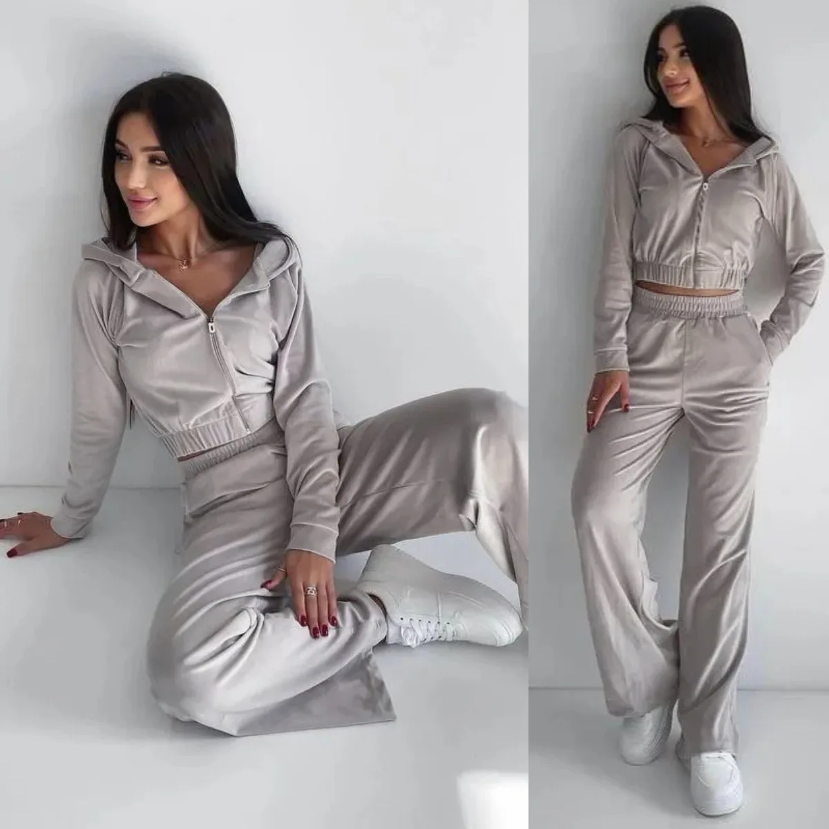 

New Women's Hooded Sweatshirt 2 Piece Set Short Zipper Cardigan Pocket Elastic Waist Fashion Female Pink Straight Pants Suit