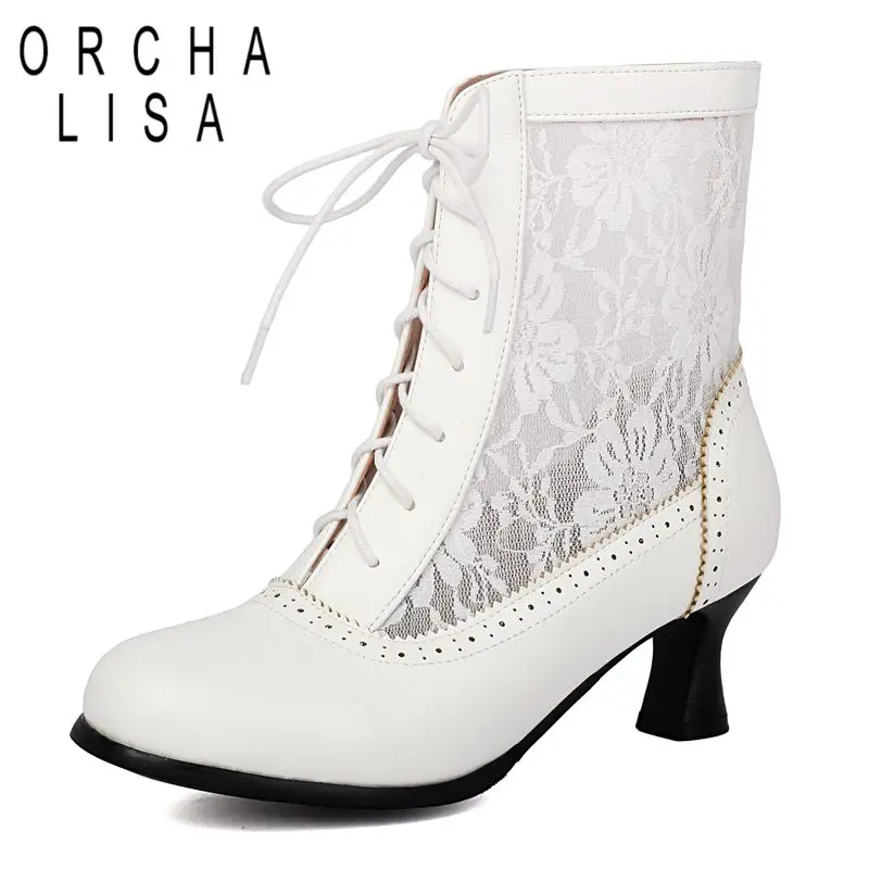 

ORCHA LISA Горячие женские летние ботинки с круглым носком 6,5 см, странные каблуки на шнуровке, большой размер 41, 42, 43, дышащие зимние ботинки до середины икры