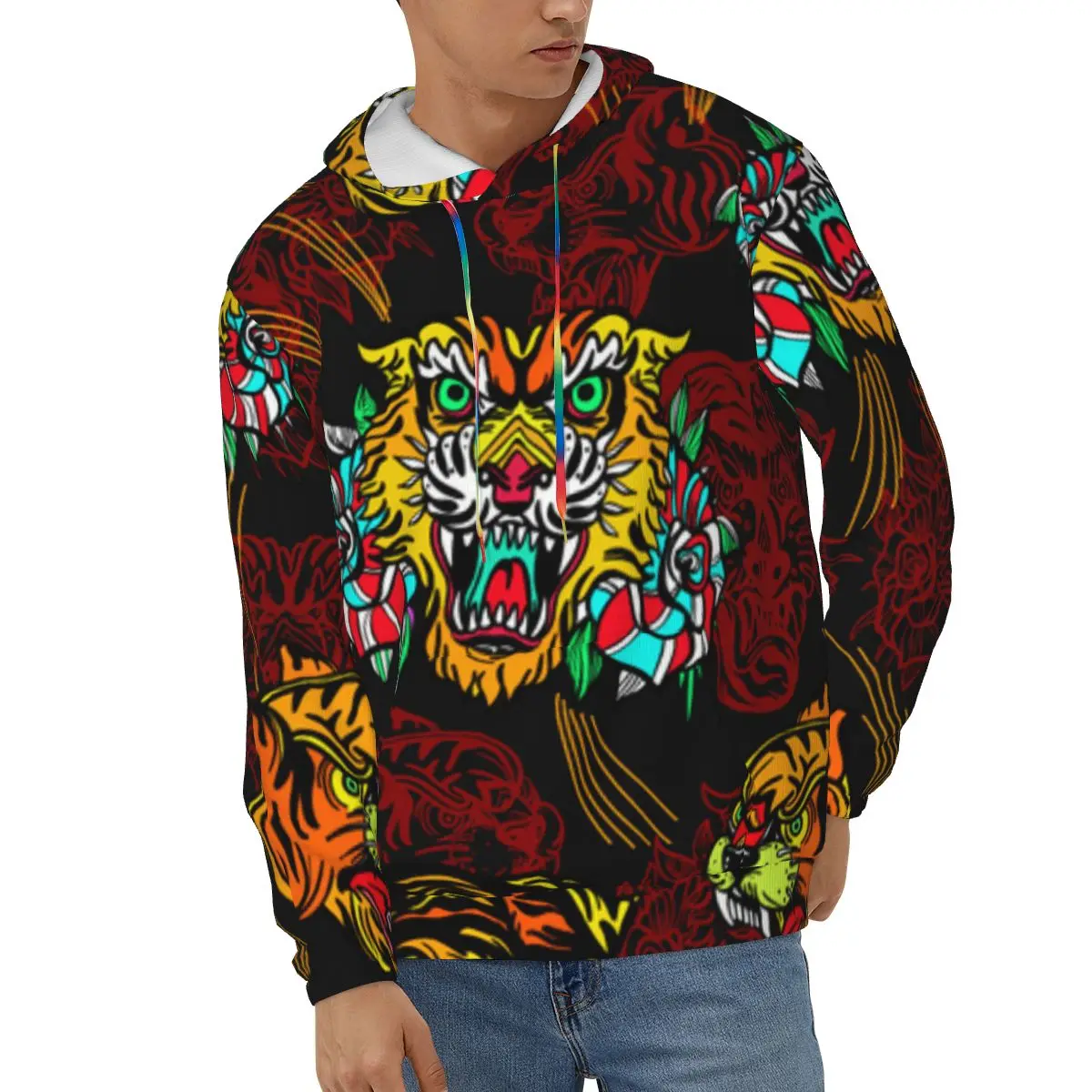 

Men Hoodies Streetwear Hoodie Old School Tattoo Tigers Pattern Sweatshirt Casual Male Autumn Winter Pullover Hoody