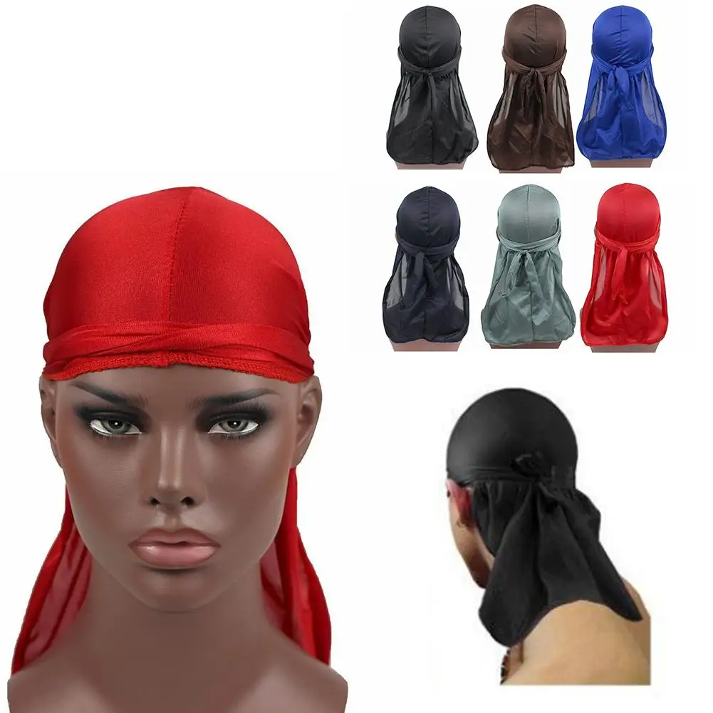 Men Satin Stretchy Cap Hip Hop Du Doo Rag Durag Wigs Headwear Down Accessories Color Turban Tie Tail Solid Hat Bandana Long E4D9