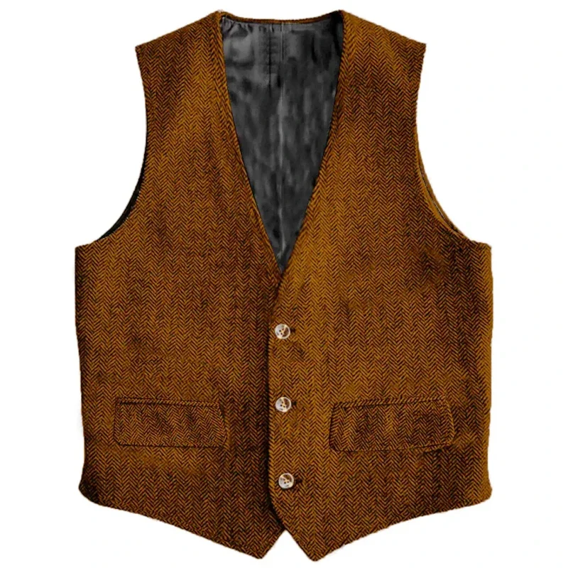 

Men Vest Brown Herringbone Regular Slim Fit Single Button Waistcoat Vintage For Wedding Banquet Work Business Casual Men Vest