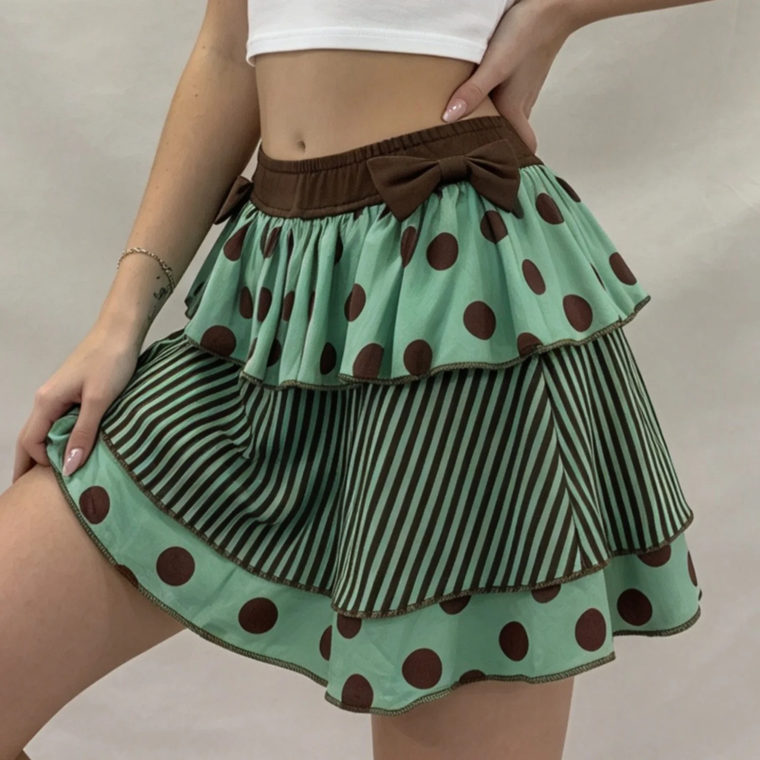 Cute Ladies Layer Ruffle Mini Skirt Polka Dot Striped Patchwork Bow Decor Summer Casual Short Skirt