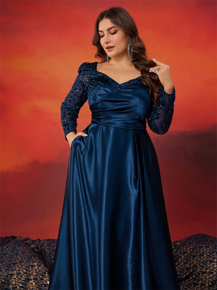 Lucyinlove Plus Size Elegan V-neck Satin Blue Evening Dress Women Long sleeve Sequin Party Prom Floor Lenght Cocktail Dresses