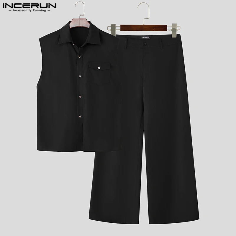 INCERUN 남성 세트 솔리드 컬러 라펠 민소매 셔츠 & 바지 투피스 세트 스트리트웨어 루즈 패션 남성 캐주얼 슈트 S-5XL