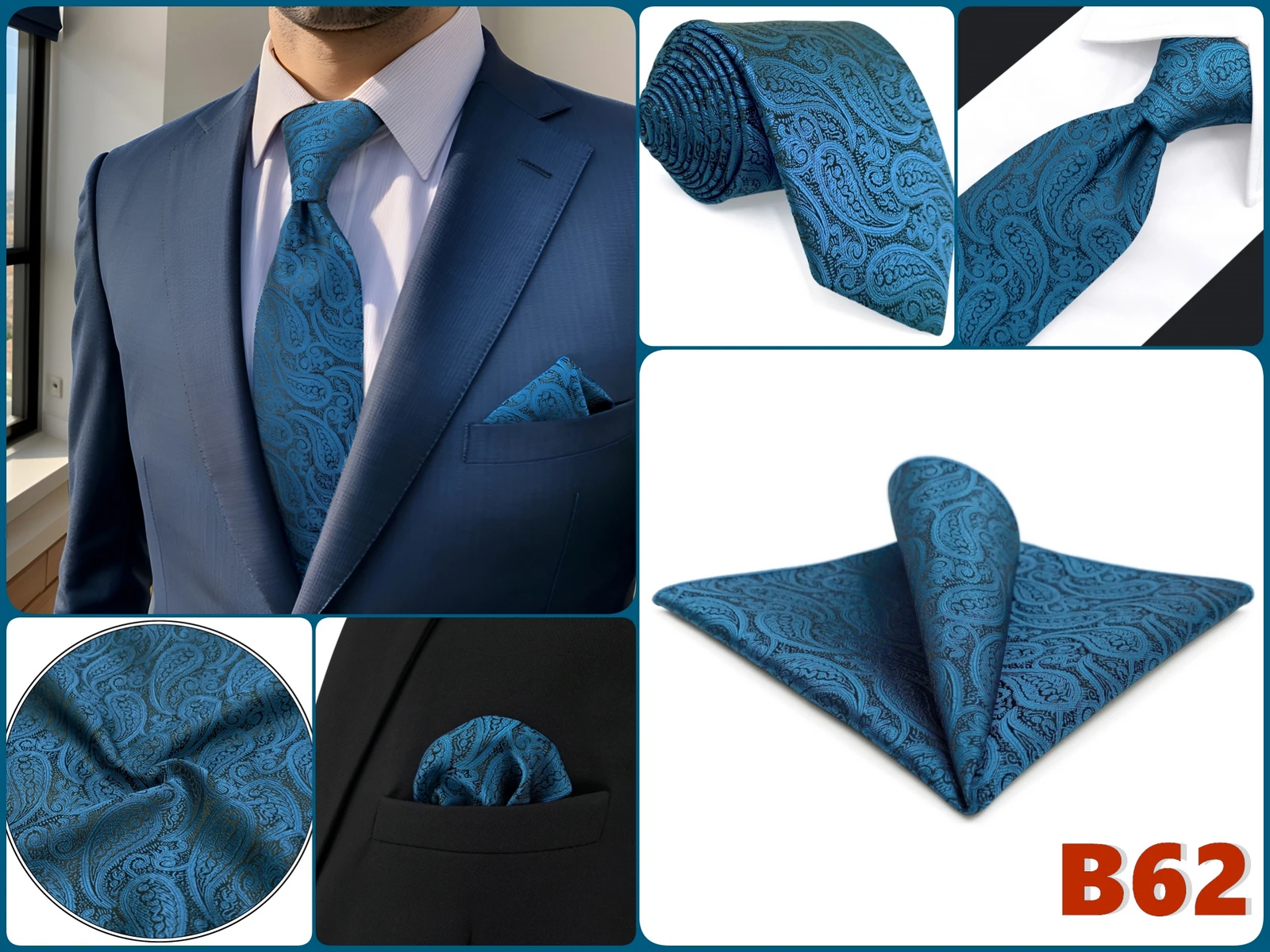 Mens Tie Pocket Square Set Blue Green Classic Business Acceossories Necktie Handkerchief 147cm Paisley Stripes Dots Elegant