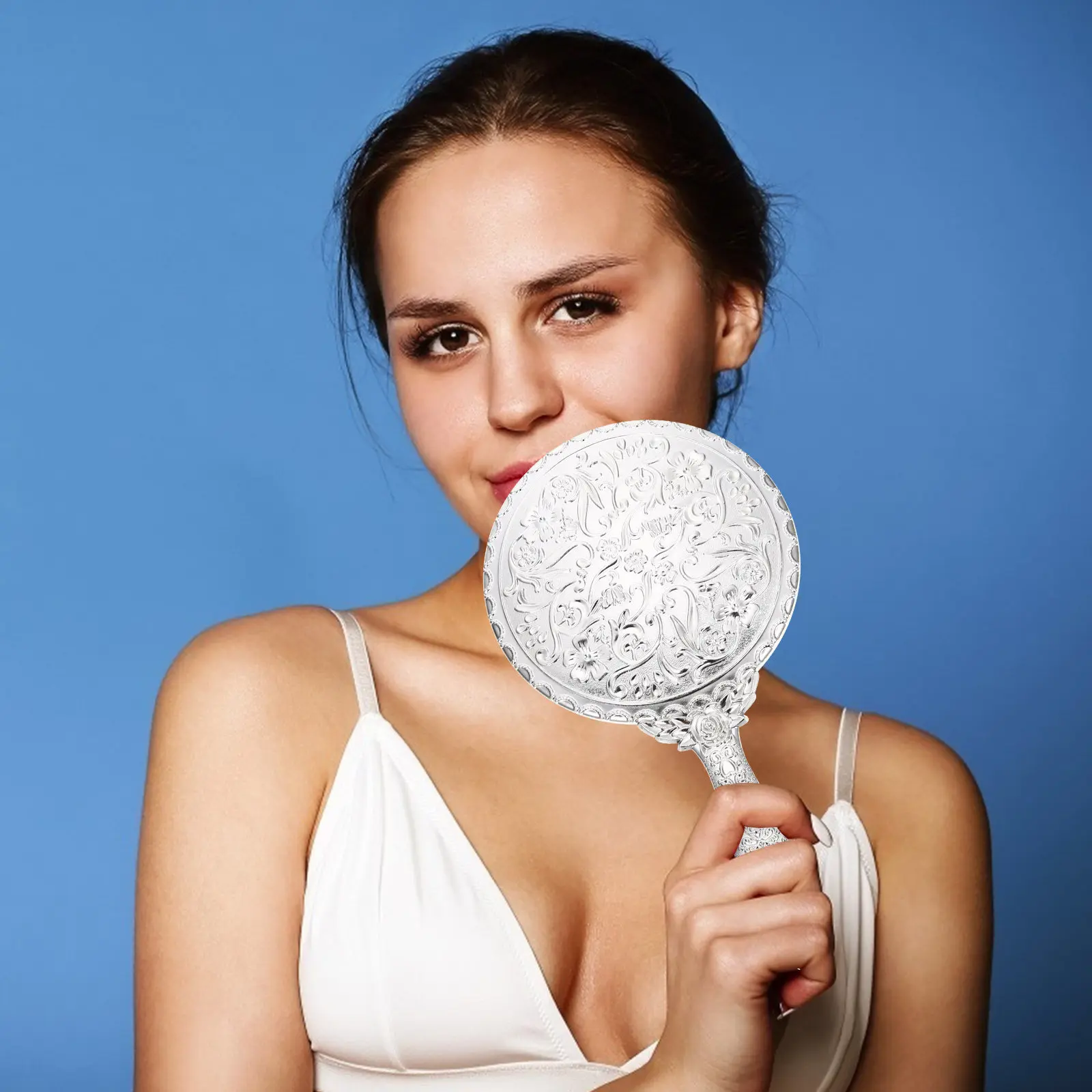 

Винтажное ручное зеркало с розовым узором, премиум-класса, из АБС-пластика, портативное, компактное, для макияжа, для путешествий и повседневного использования, шикарный аксессуар для туалетного столика