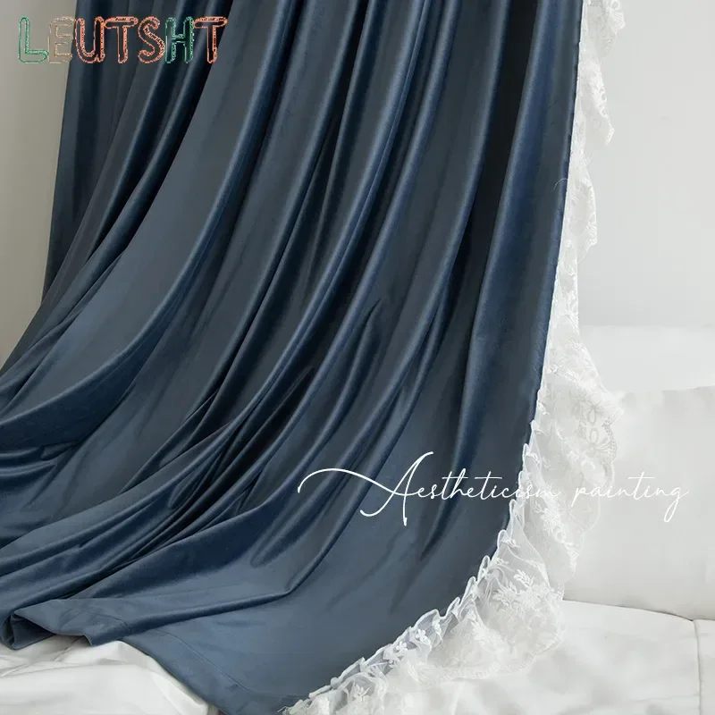 

Custom Size Retro Curtains New French Bedroom Ins Wind Shading Living Room Bedroom Balcony Blue Velvet Cloth Curtains