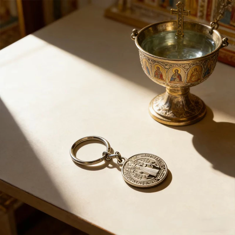 Byzantinische St. Benedikt-Medaillen-Schlüsselanhänger, doppelseitig, aus Edelstahl, katholisches orthodoxes religiöses Amulett für Autoschlüsselring, christlich – Detail 2