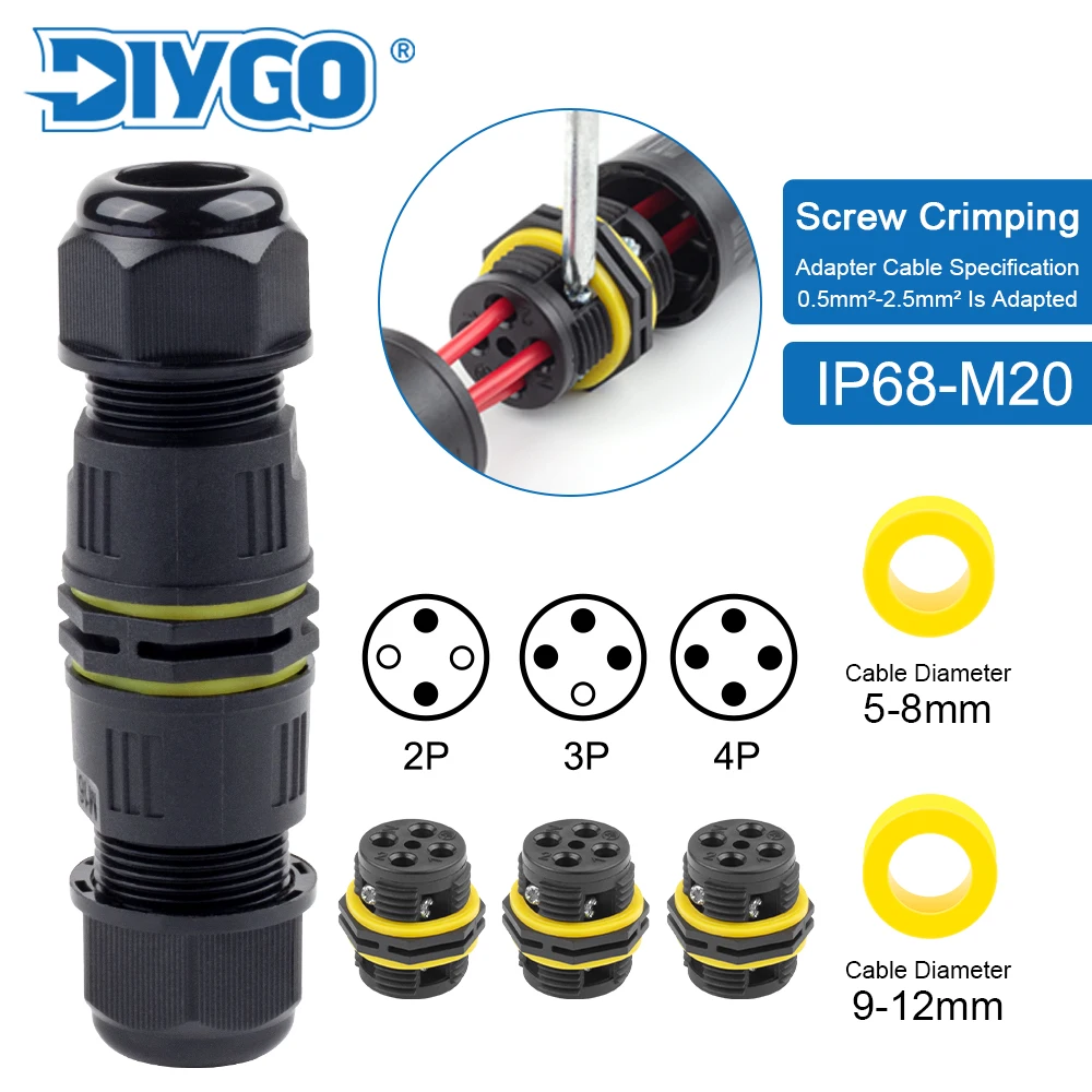 IP68 M20 Waterproof Outdoor Junction Box Wire Cable Connector 2/3/4 Pin Screw Crimping Wiring Terminal Connectors for Electrical