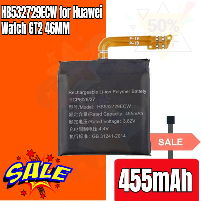 HB532729ECW 455mAh 3.82V for Huawei Watch GT2 46MM JPT-B19 JPT-B29 Newly Upgraded High-Capacity Replacement Watch Battery