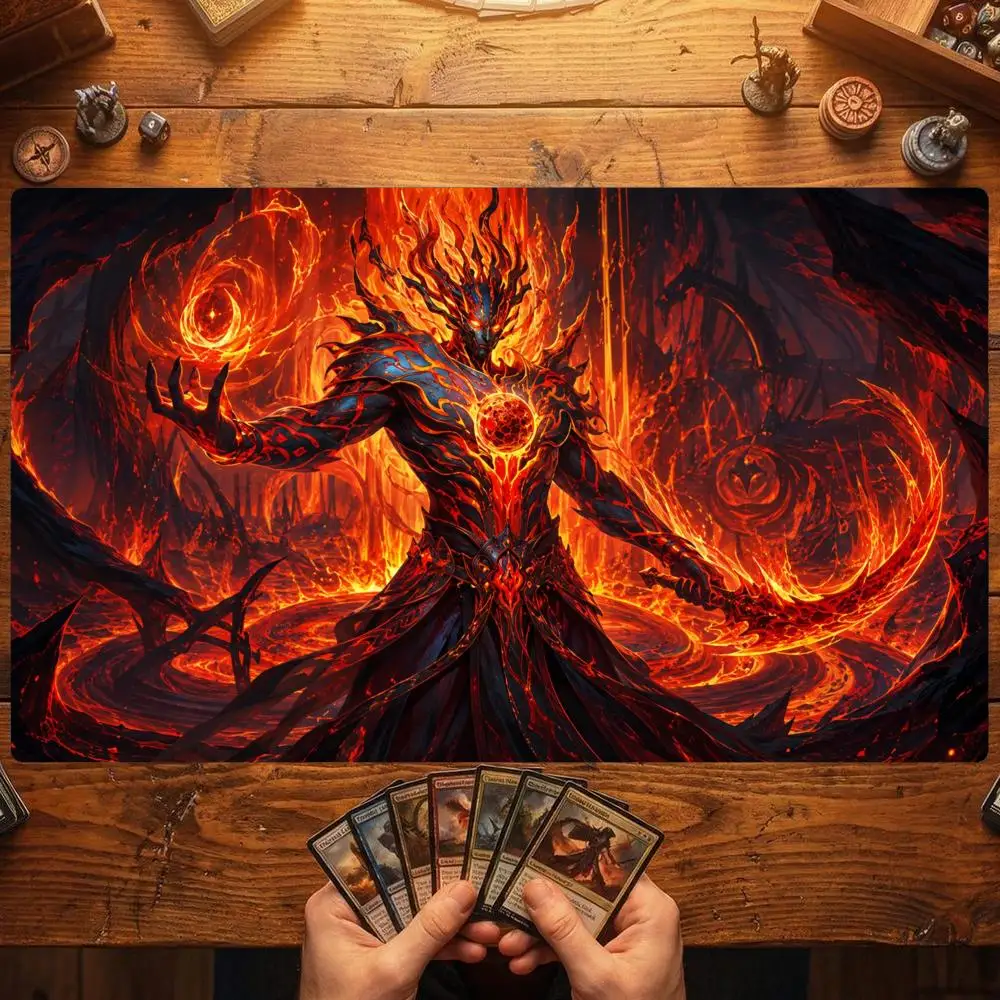 Inferno Fire Demon TCG Playmat 35X60CM Lava Armor Scythe Lord Magic Card Mat Non-Slip Durable Stitched Edge Tabletop Playmat