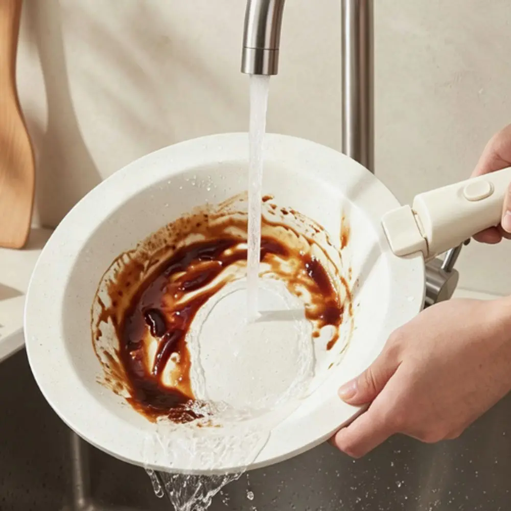 Ceramic Coating Detachable Handle Saucer Flying Pan With Heat-Resistant Clip Lightweight Nonstick Pan Beige Aluminum Alloy