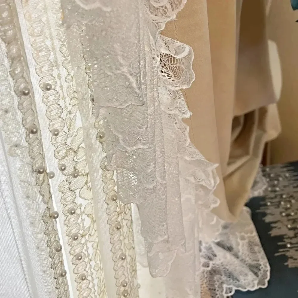 

French Romantic White Lace Curtains for Bedroom Living Room Door Decoration Embroidered with Pearls Partition Screen Window