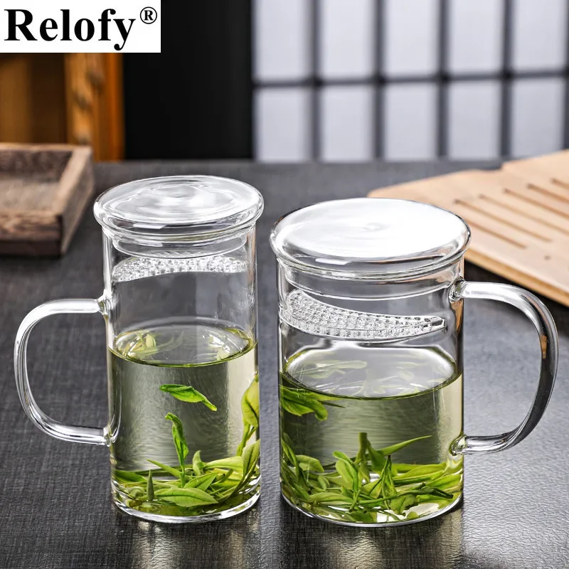 300/400/450ml Green Tea Thick Lid Cup  Family Juice Tea Mug Office Scented Tea Filter Crescent Mug Breakfast Milk Coffee Mug