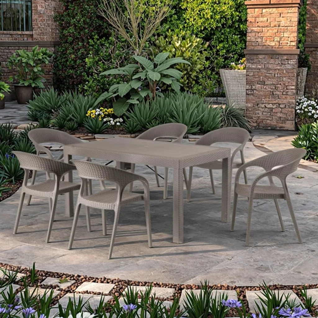 7-piece PP Dining Table Chair Outdoor New Plastic Dining Set for Patio Garden Hotel Restaurant Dining Table and Chair