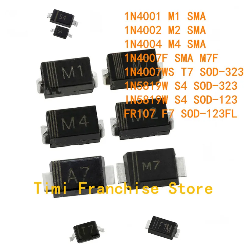 50PCS schottky diode IN4001 M1 1N4002 M2 M4 1N4007F SMAF M7F 1N4007WS T7 SOD-323 1N5819W S4 SOD-323 SOD-123 FR107 F7 SOD-123FL