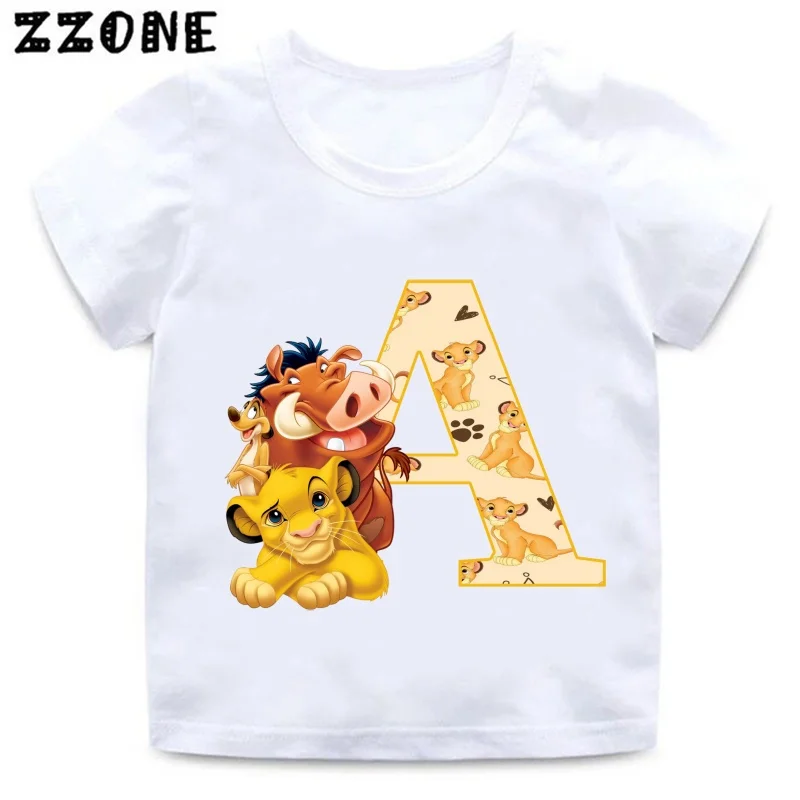 Disney The Lion King Cute Simba Letter A B C D Print Kids T-Shirts Girls Clothes Baby Boys T shirt Summer Children Tops,ooo5924