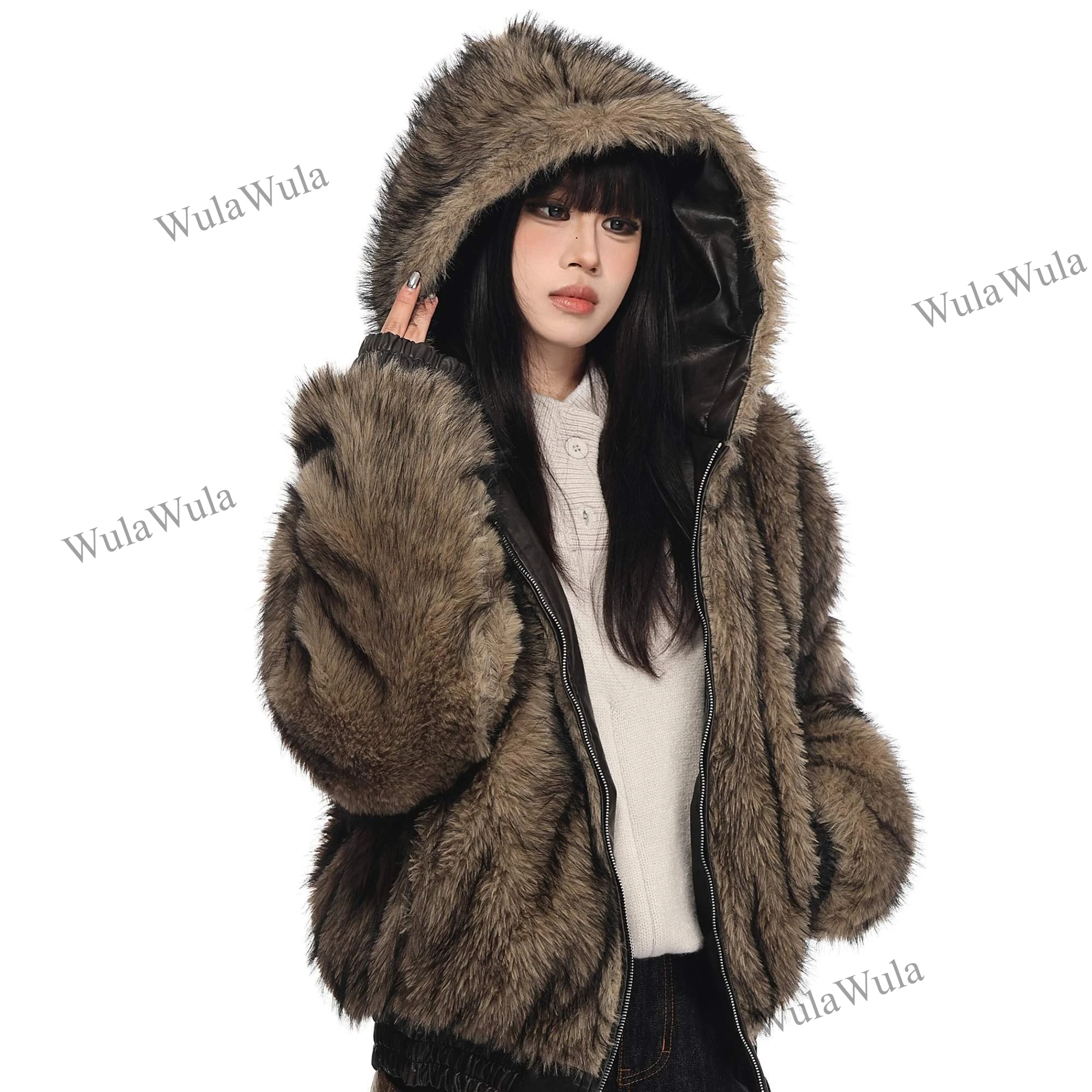 Vintage American Style Reversible Faux Leather Padded Coat, Luxury Thick Fleece Lined Faux Fur Integrated Winter Jacket