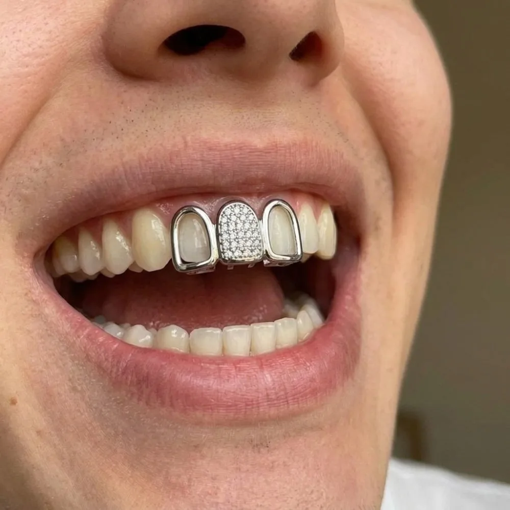 Rapper Gold Silver Color Teeth Grillz Alloy CZ Zircon Dental Caps Star Hollow Removable Body Jewelry Cosplay