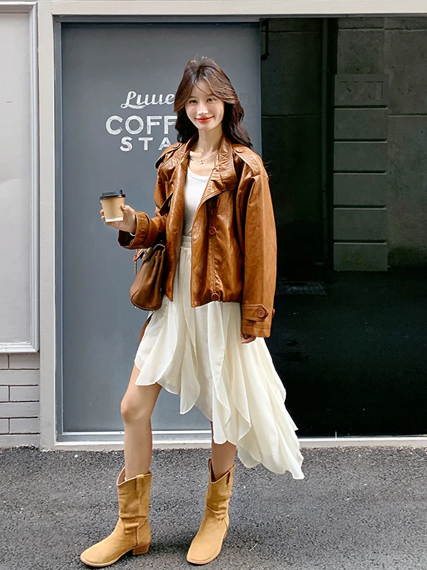 レトロブラウンPUレザージャケット レディース ショートスリーブ 春秋 2025新作 人気 おしゃれ レザーコート カジュアル ルーズフィット