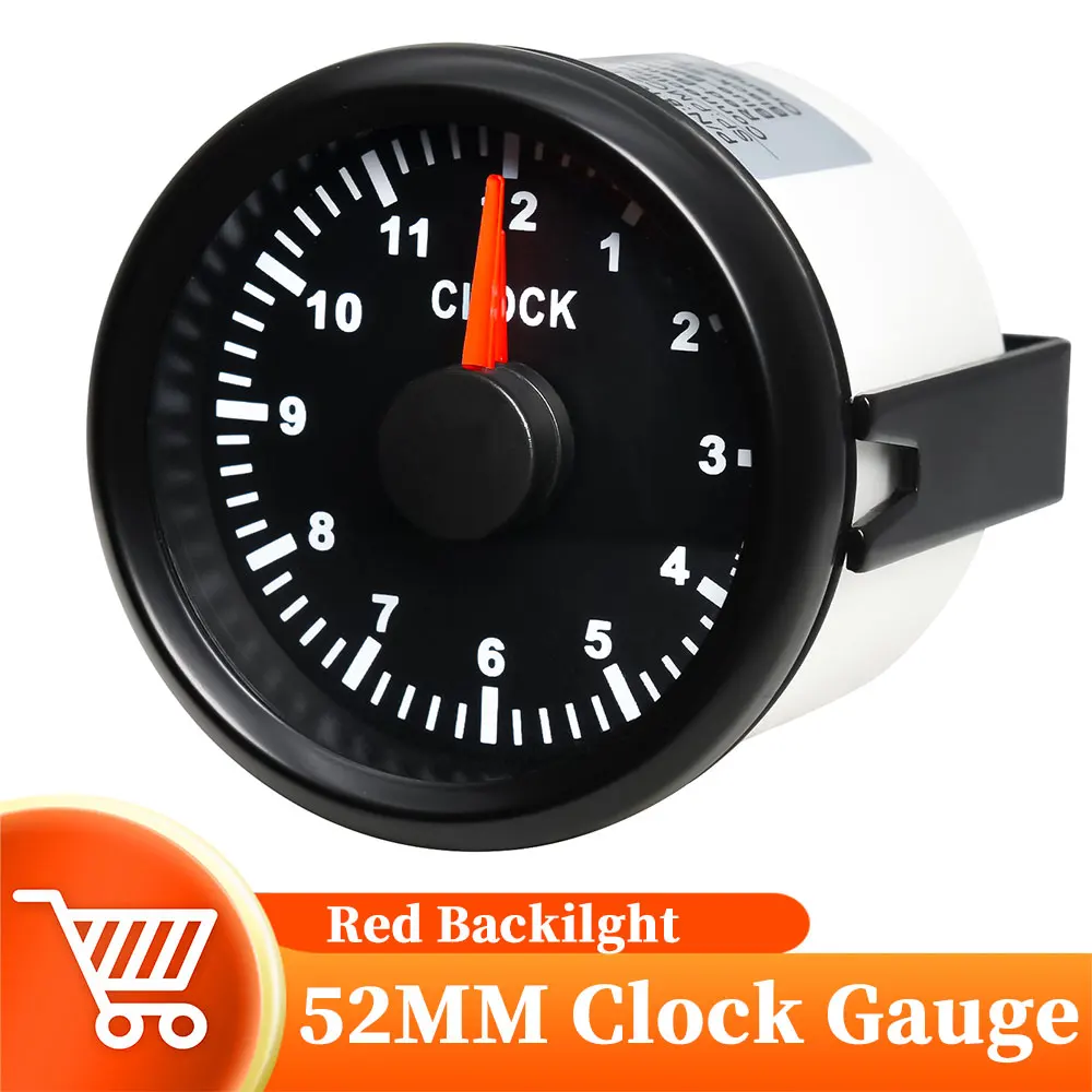 52mm 0-12 Hours Clock Gauges Red Backlight Waterproof Pointer Type Hour Meters  Fit For Car Boat Yacht 9-32V