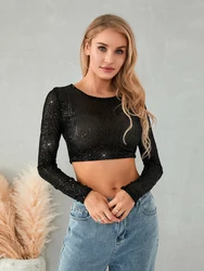 Glitter Sequin Crop top Autumn Winter Slim Long Sleeve Women Basic Solid Casual Top For WomenY2k Shiny Sequined Tshirts