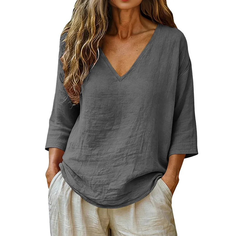 Women V Neck Seven Quarter Sleeve T Shirts Casual Loose Fit Slimming Tops Daily Wear Versatile Comfortable Blouses For Spring Su view 3