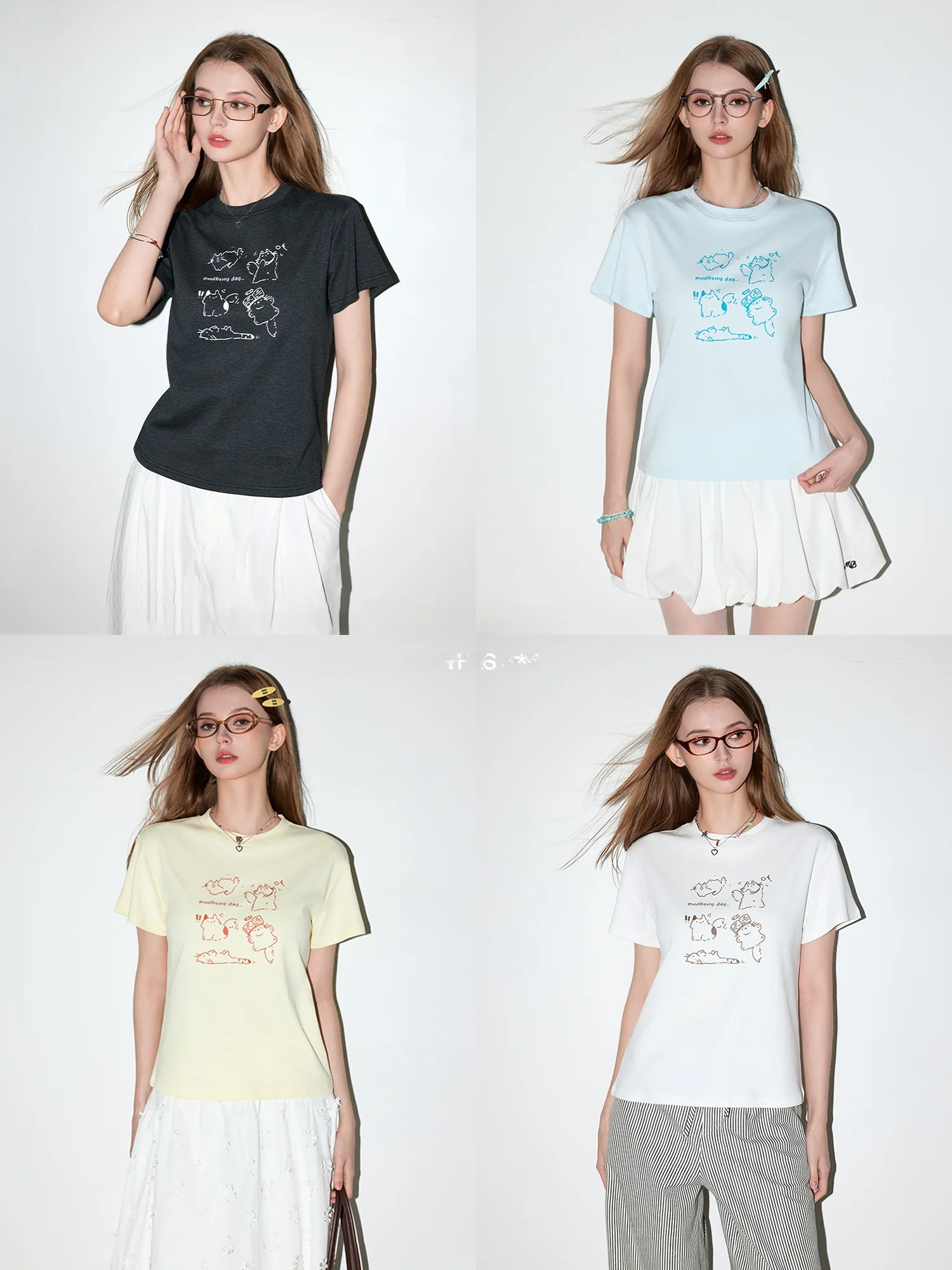 

MoodBerry American Retro Fun Print Short Sleeve Slim Fit Women's T-shirt Summer Shoulder Appropriate Short Top