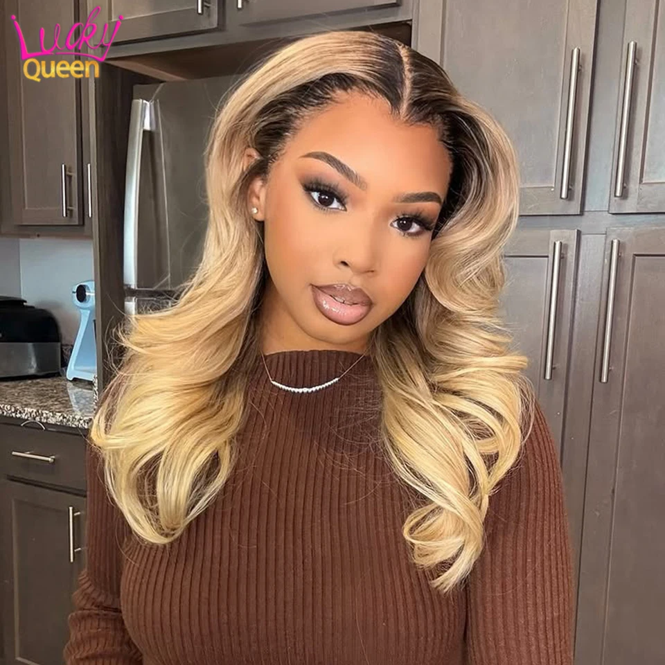 Ombre Blonde Donkere Wortel Body Wave Kant Frontale Pruiken Menselijk Braziliaans Haar Pre Geplukt 180 Dichtheid Transparant Kant # 27, voor dames