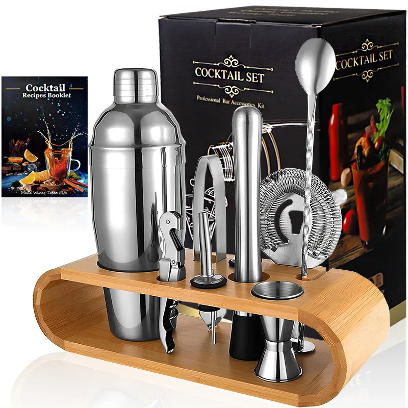 

10pcs Stainless Steel Cocktail Shaker Set - Bamboo Stand Bar Tools Wholesale Cross-border