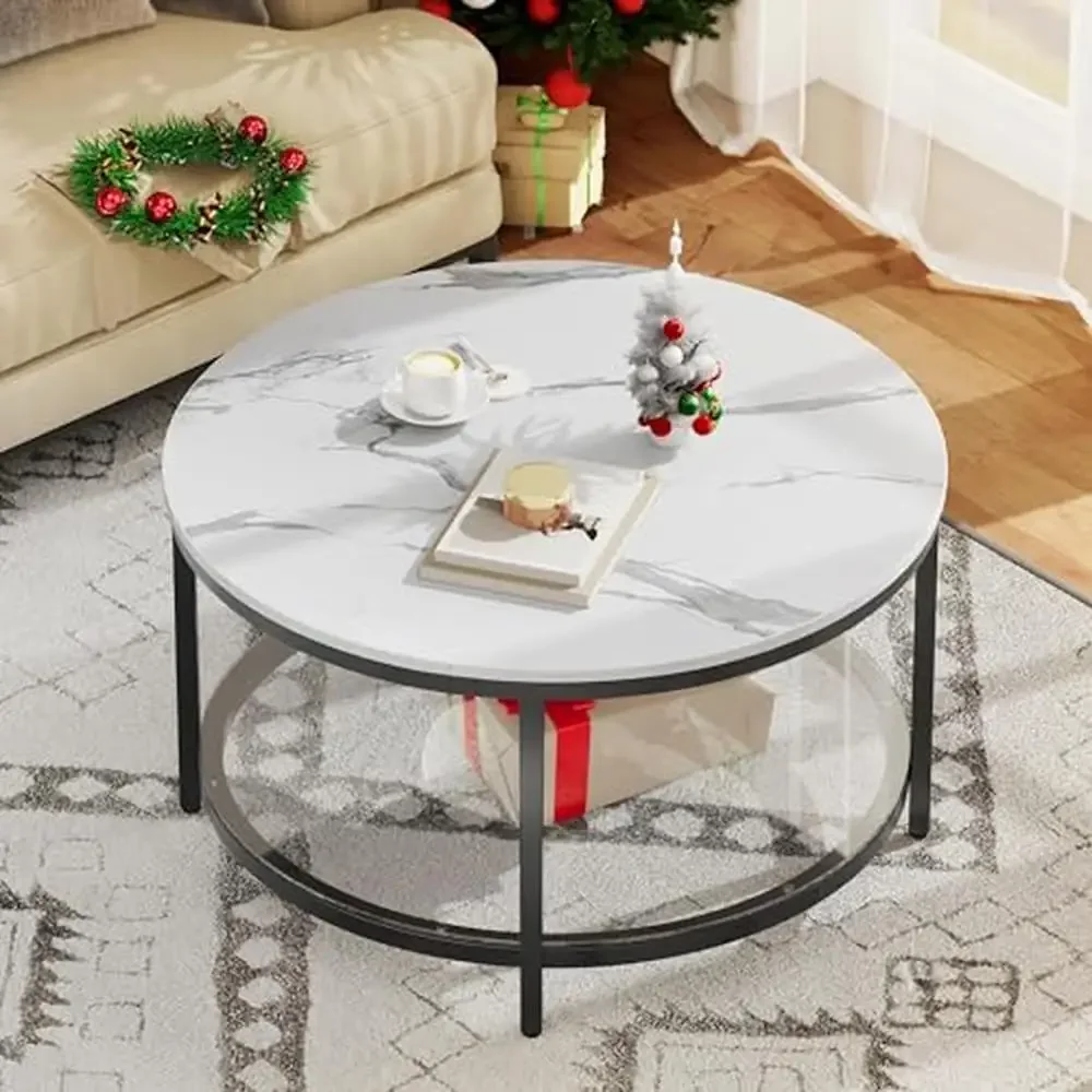 Glass Round Coffee Table with Storage Shelf White Marble Top 2-Tier Circle Design Solid Durable Frame Easy Assembly Modern Style