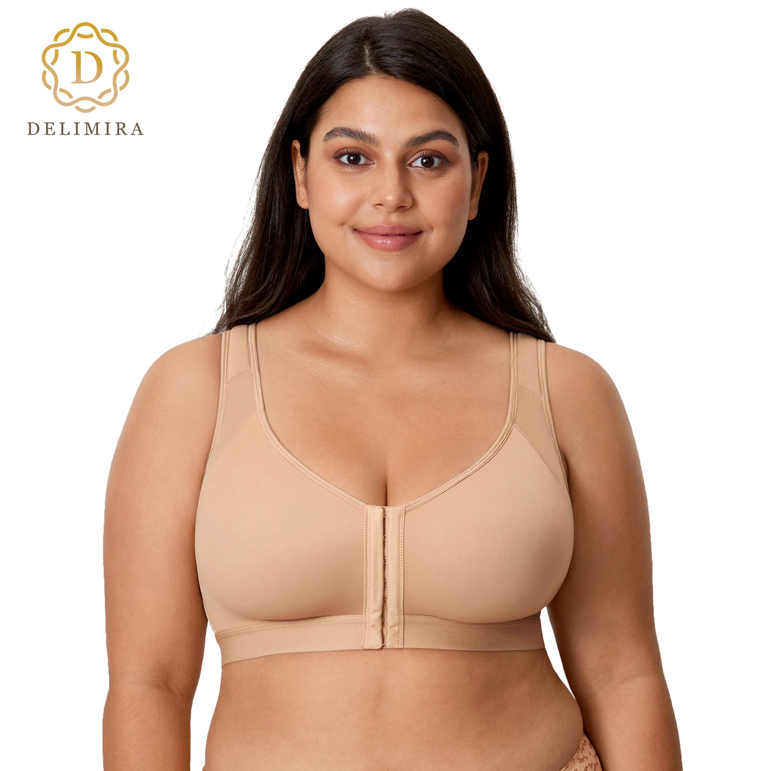 DELIMIRA Women\'s Full Coverage Front Closure X Back Non Padded Wireless Posture Bra Plus Size