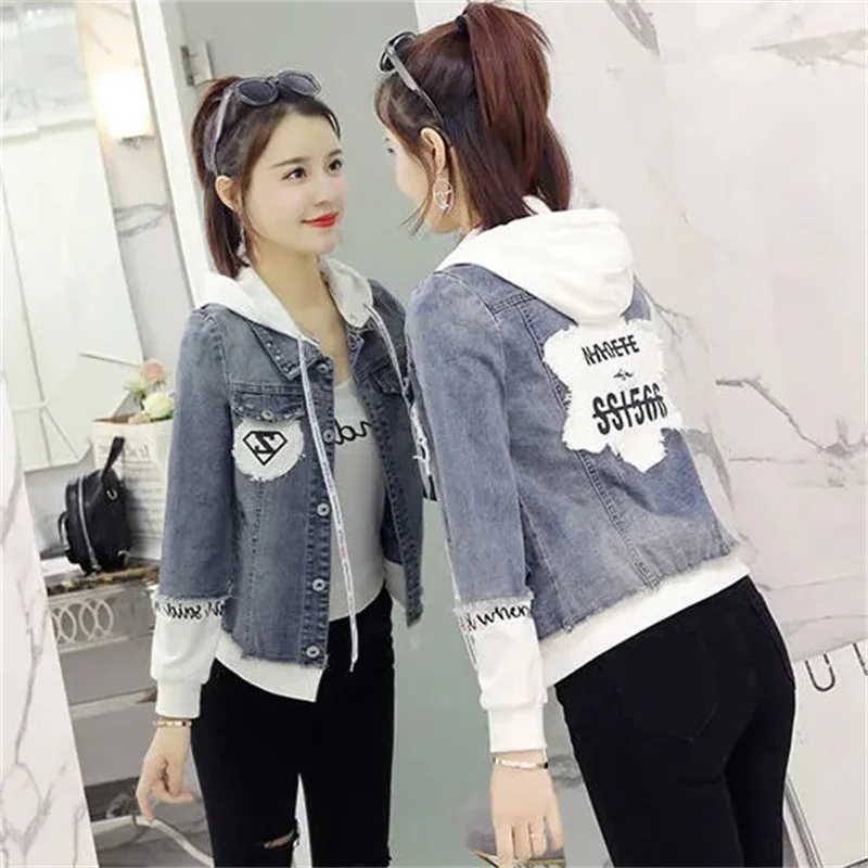 Denim Jacket Girls Spring Autumn Clothes 2022 New Korean Version Junior High School Students Fake Two Short Hooded Tops Women CH