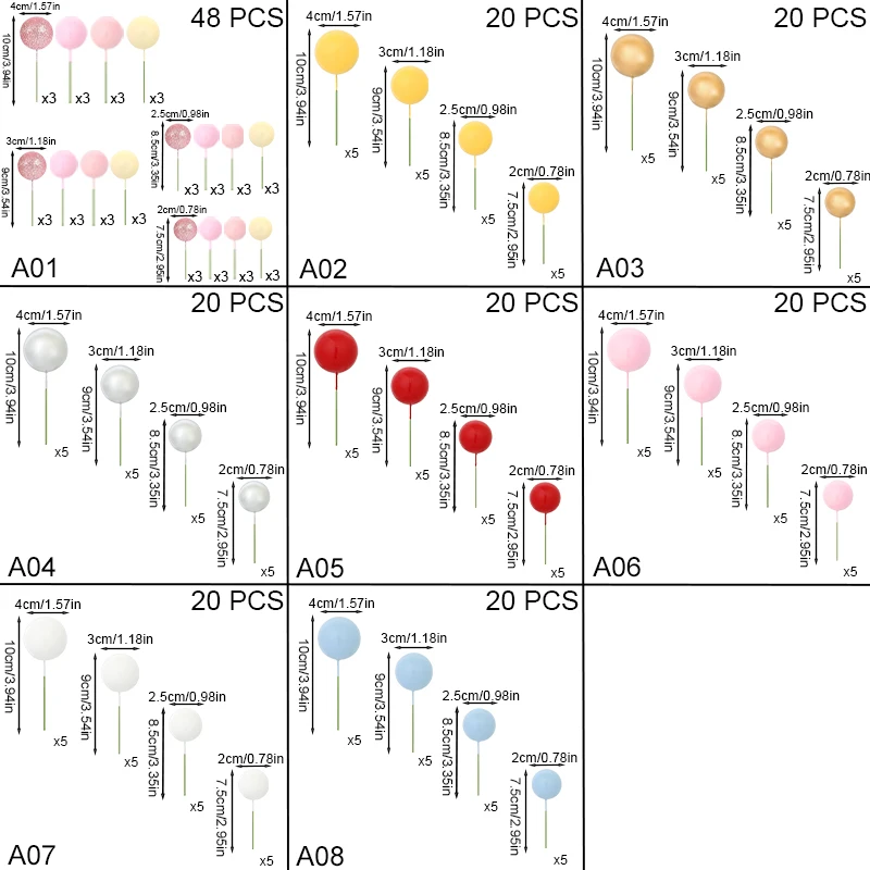 20/48Pcs Cake Topper Colorful Ball DIY Cupcake Flag Christmas Ball Baby Sohwer Wedding Birthday Cake Party Decoration Supplies