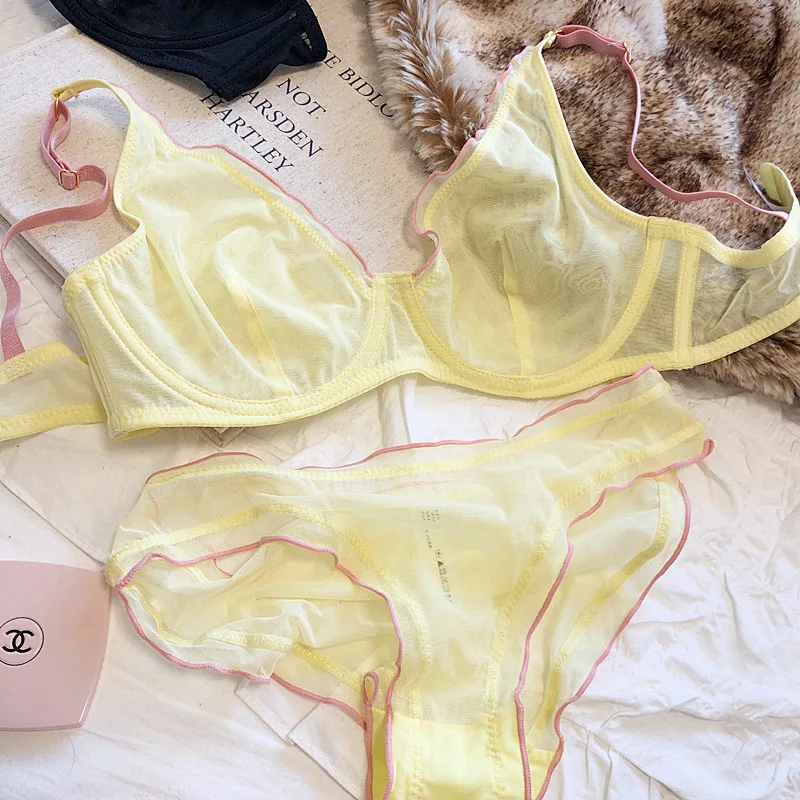 

See-through lingerie comfortable soft steel ring underwear set large size bra triangle cup push up sexy mesh ultra-thin bralette