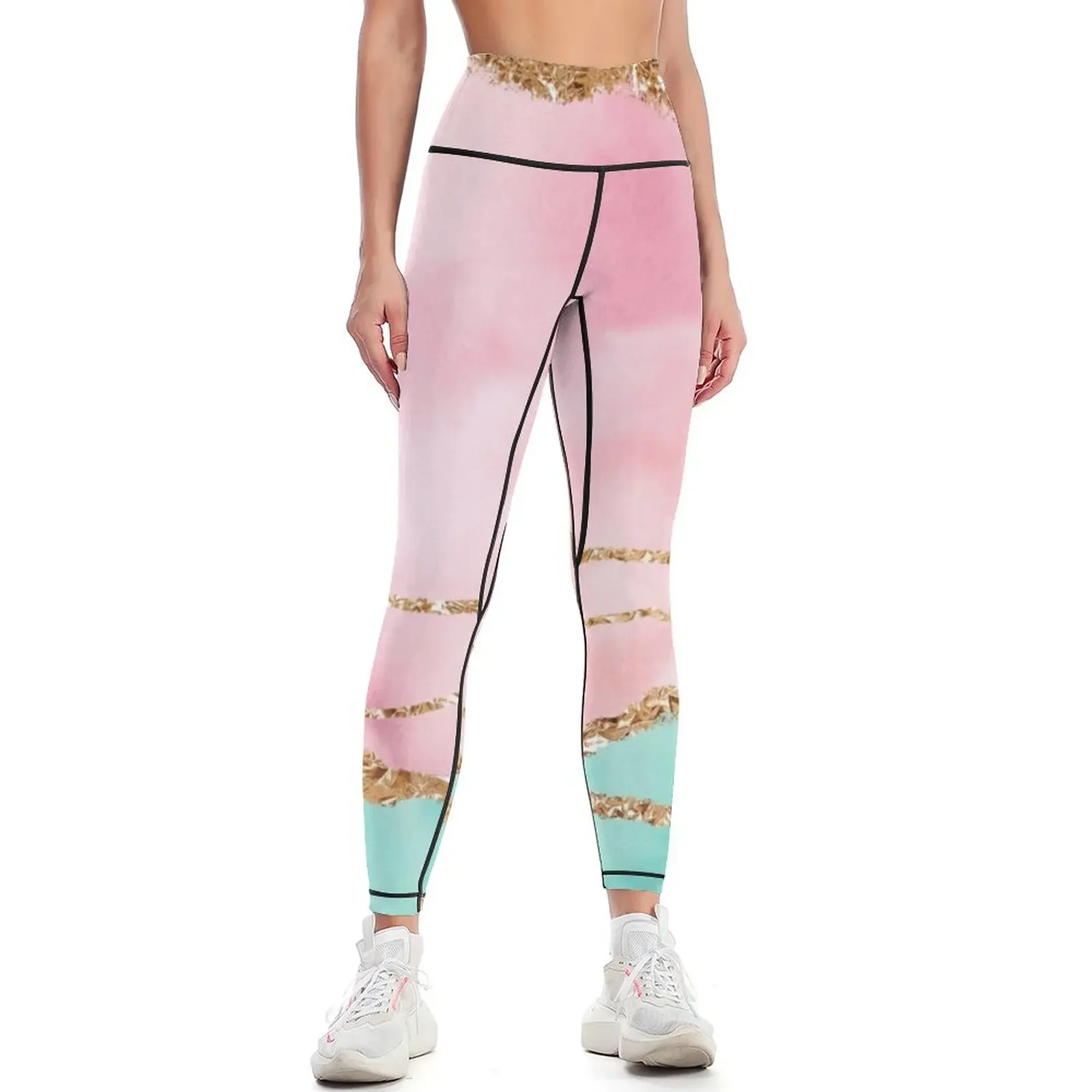 

Girly Trend Pink And Ocean Green Faux Marble Landscape Leggings push up legging for fitness Womens Leggings