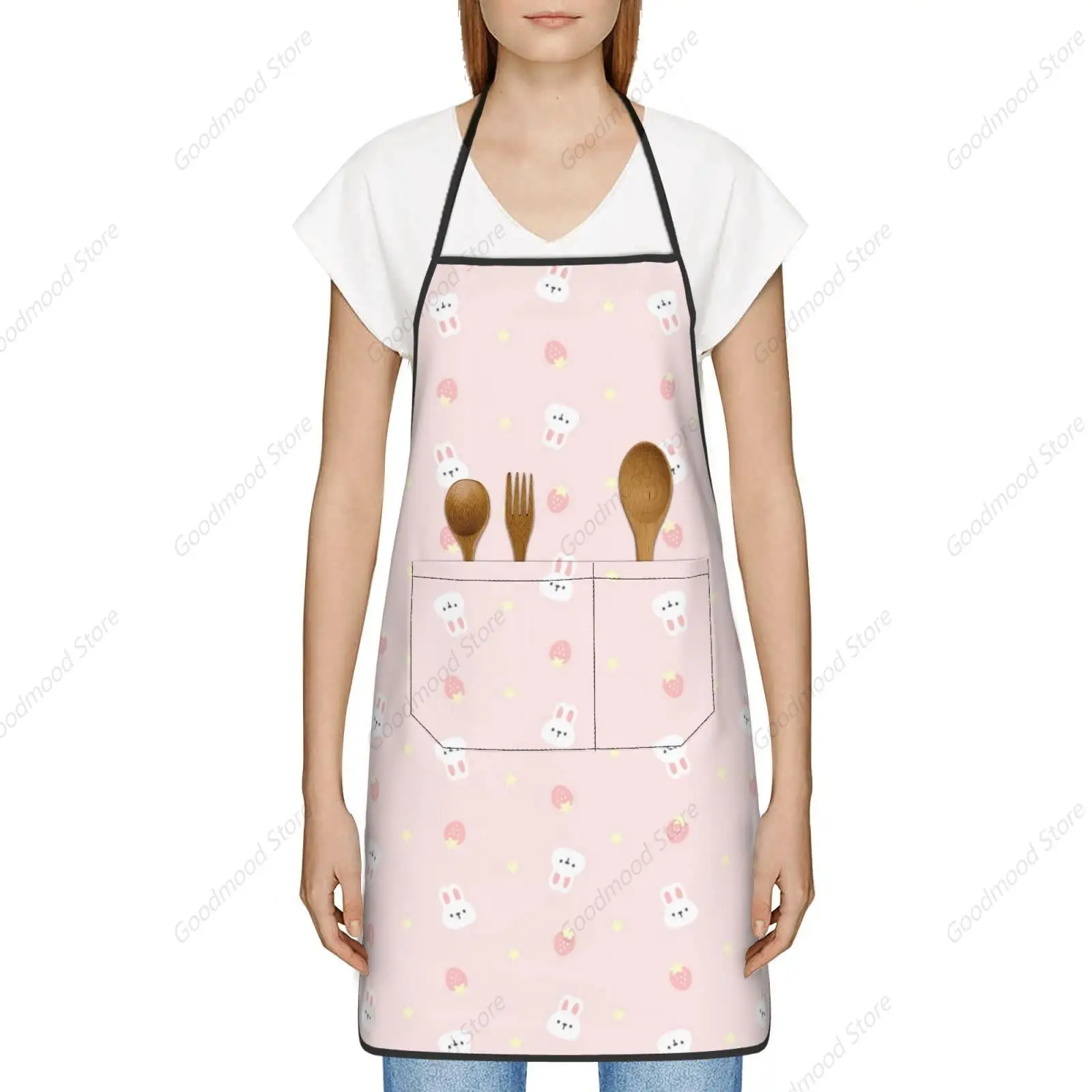 Cute Rabbit and Strawberry Apron for Men Women with 2 Pockets, Animal Bunny Waterproof Adjustable Aprons for Cooking Dishwashing