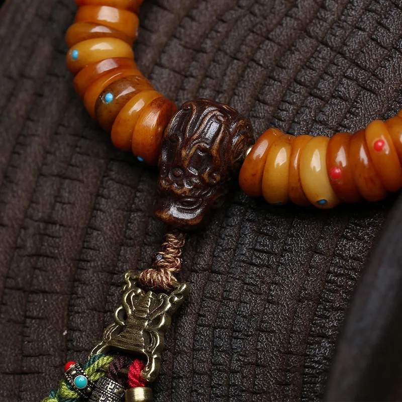 Reflow Yak Bone Large Intestine Beads Multi-Treasure Inlaid Spacer Bracelet Single Loop Tibetan Style Tassel Material Accessorie