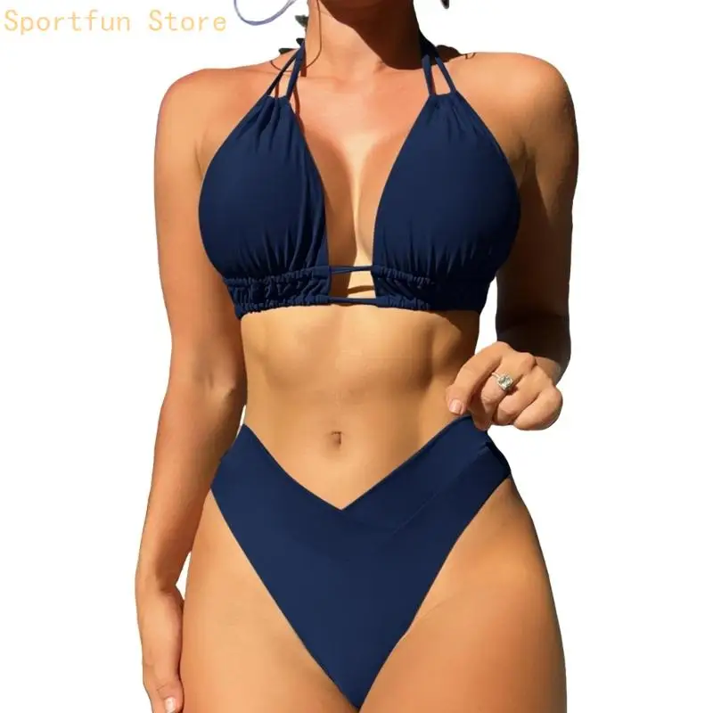 

Lady Halterneck Bathing Suit Triangular Push Up Swim Top High Waist Thong Briefs X7JD